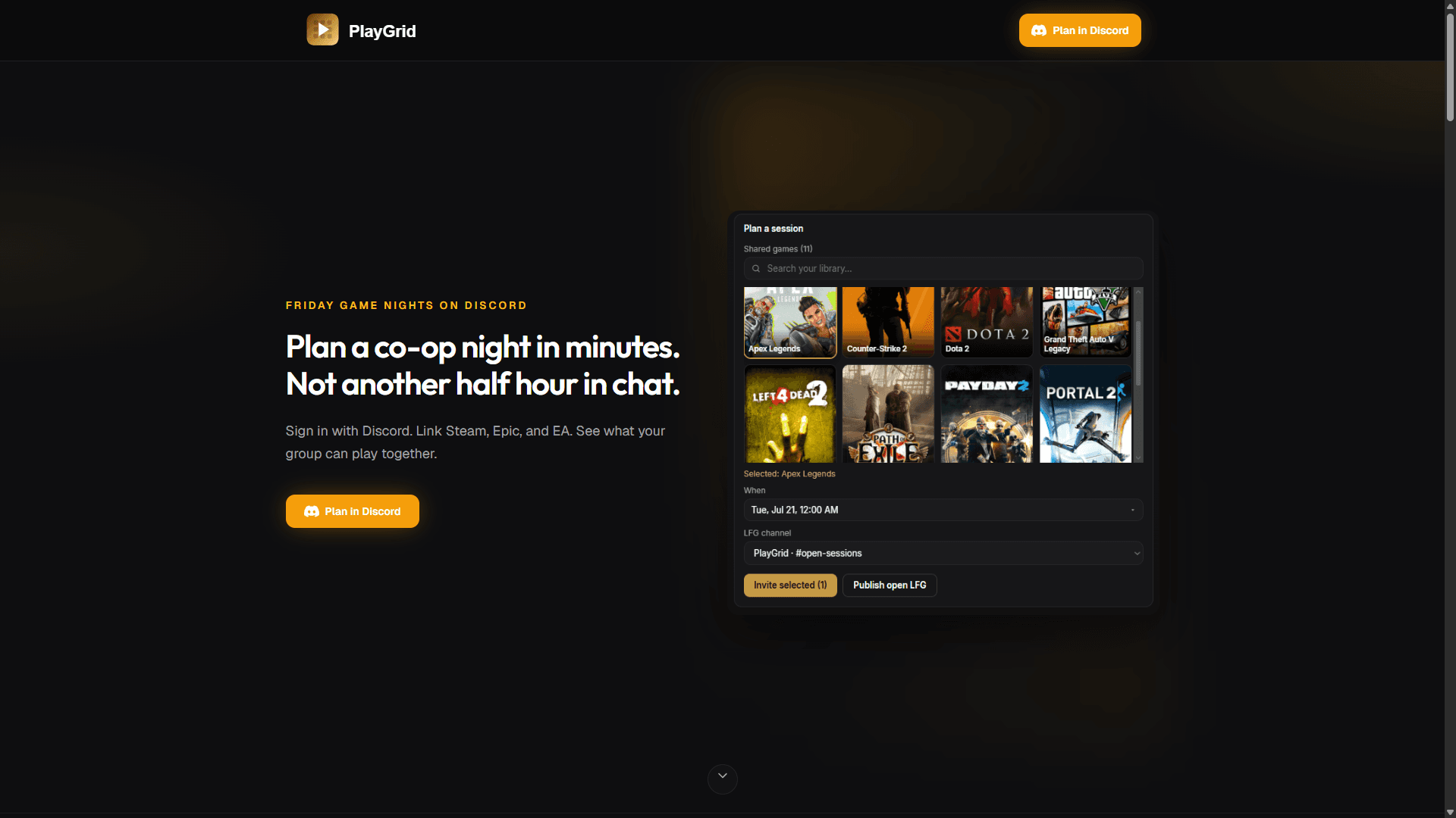 PlayGrid website: plan a co-op night and a session card